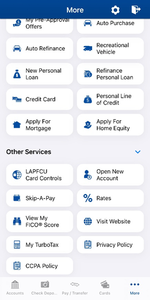 Buttons on LAPFCU App, More, Skip a Pay